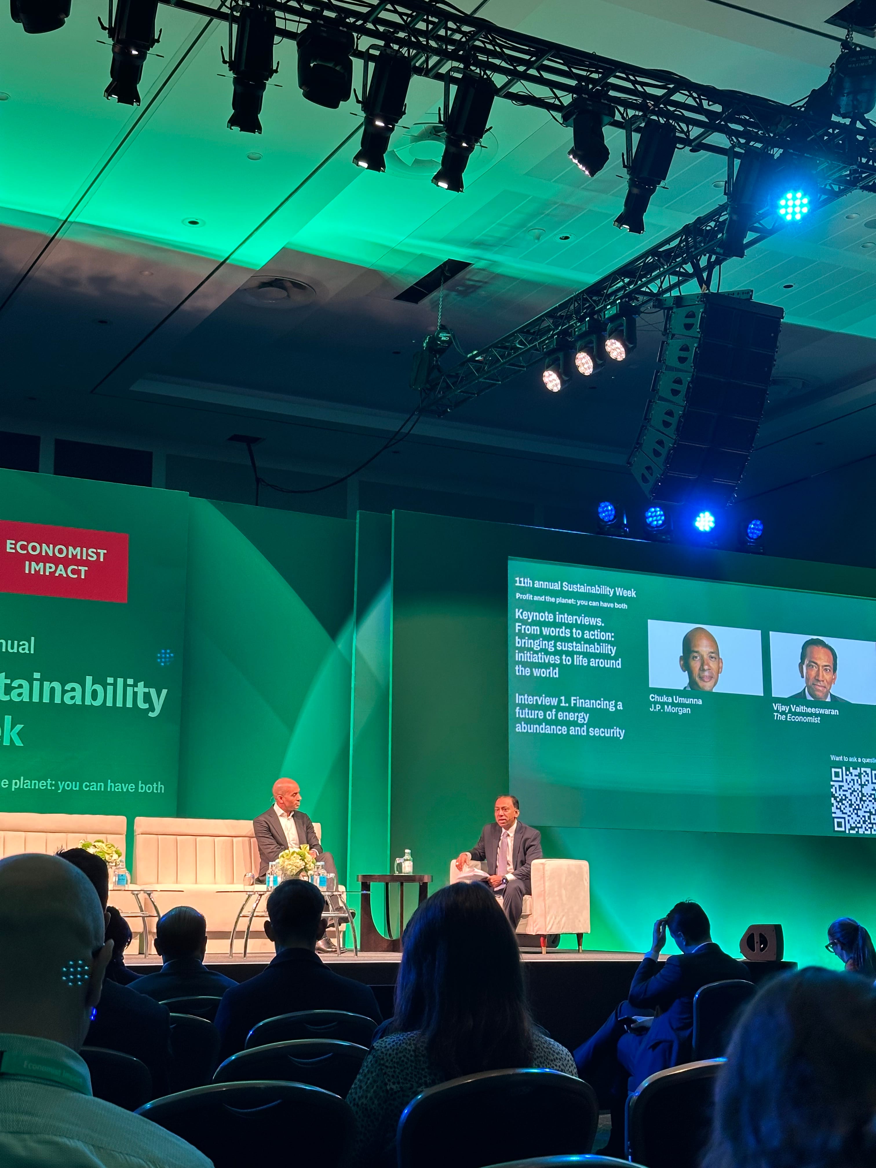 Keynote interview at the Economist Impact 11th Annual Sustainability Week, with speakers on stage and the Sustainability Week branding