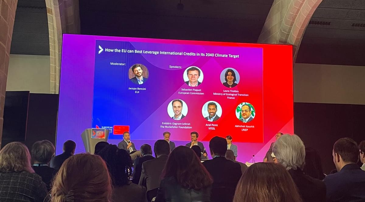 Panel session titled How the EU can Best Leverage International Credits in its 2040 Climate Target at the European Climate Summit 2026, with speakers from the European Commission, Ministry of Ecological Transition France, The Rockefeller Foundation, Vitol and UNEP
