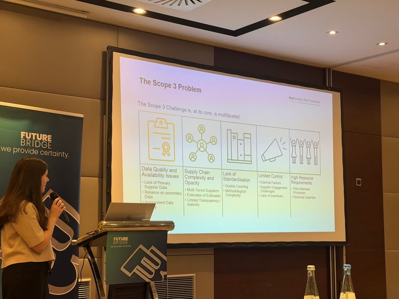 Speaker presenting on the Scope 3 Problem at the 4th Annual Scope 3 Summit in Berlin, with a slide outlining challenges including data quality, supply chain complexity, lack of standardisation, limited control and high resource requirements